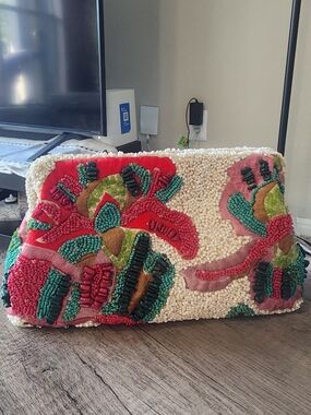 Cream Embellished Clutch with Red & Green Floral Accent